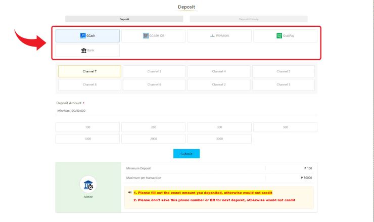 Click Gcash to access the deposit area