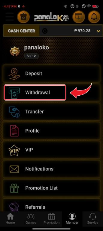 Withdraw Panalako Step 1