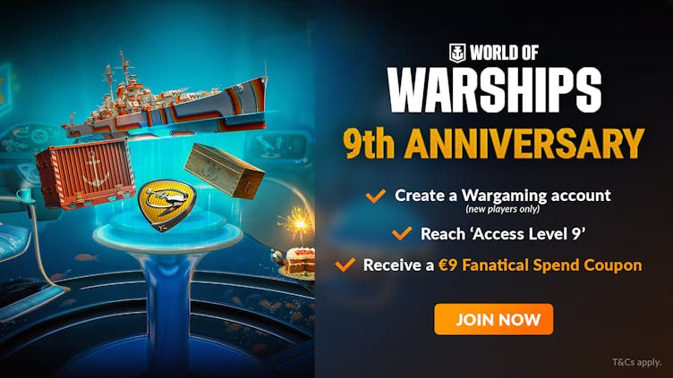 Chance to win a €9 spend coupon with Panaloko casino World of Warships and Fanatical